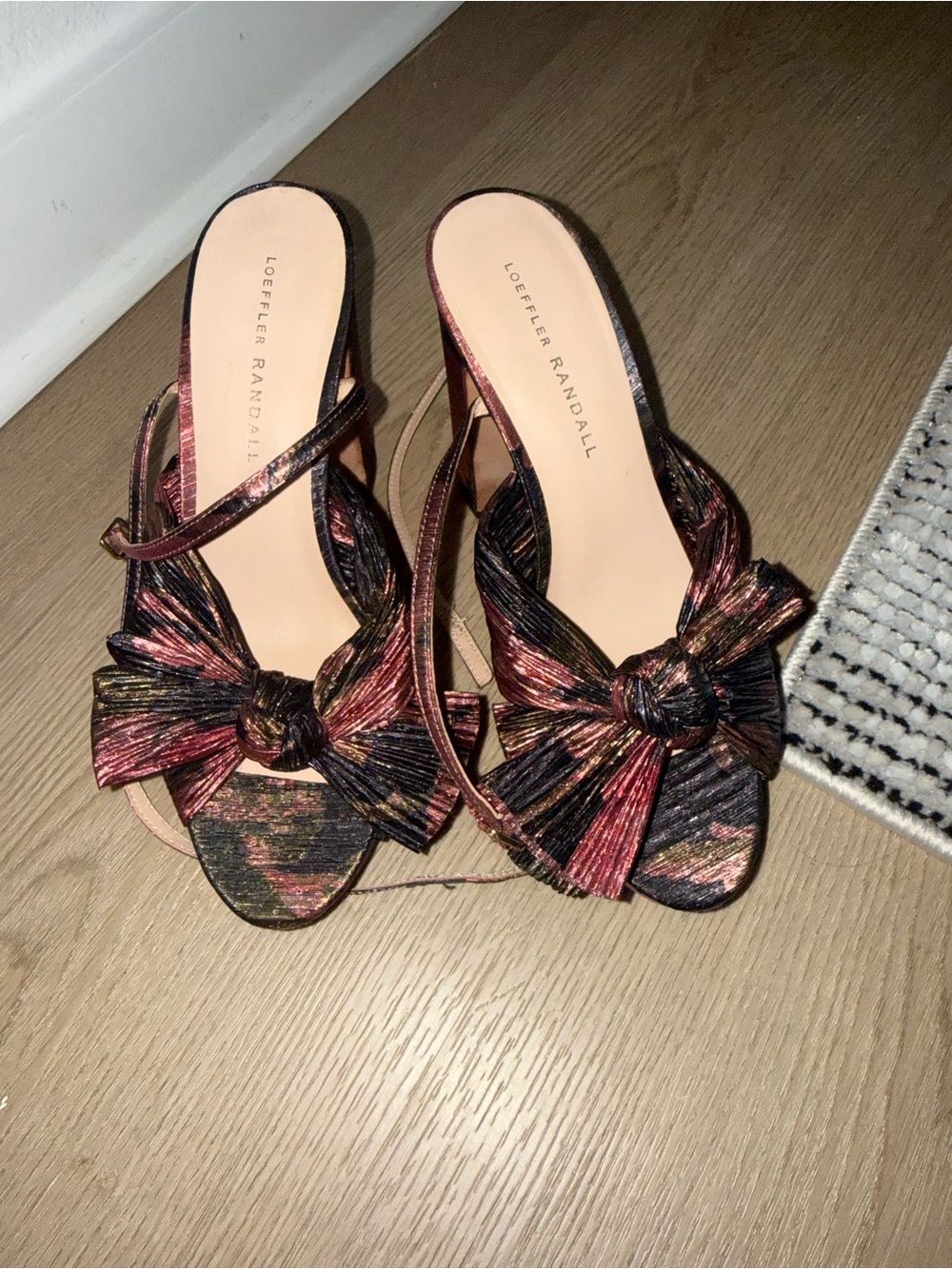 Loeffler Randall Metallic Bow Slingback Mules in Rose Gold and Black